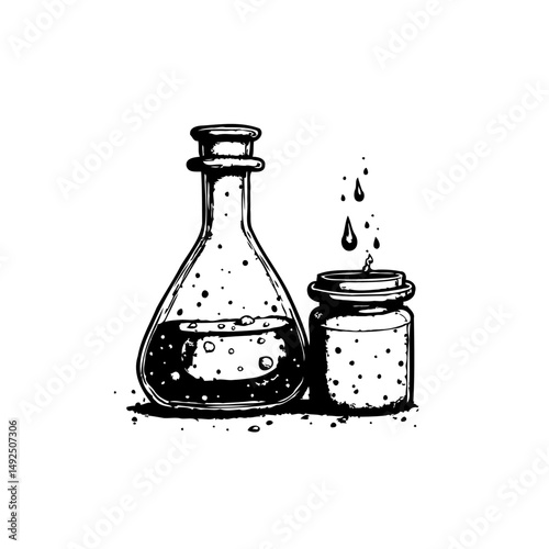 Monochromatic depiction of scientific laboratory apparatus with liquid droplets