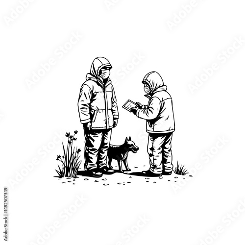 Two children wearing masks with a dog outdoor illustration in black and white