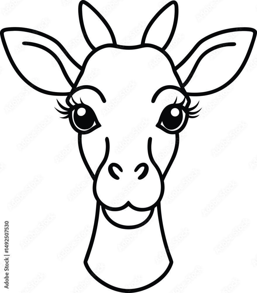 Black and white outline illustration of a smiling giraffe face suitable for childrens design and educational resources Black and white outline illustration of a smiling giraffe face suitable for childrens design and educational resources