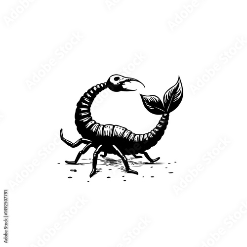 Surreal creature with bird skull head, floral tail, graphic style illustration