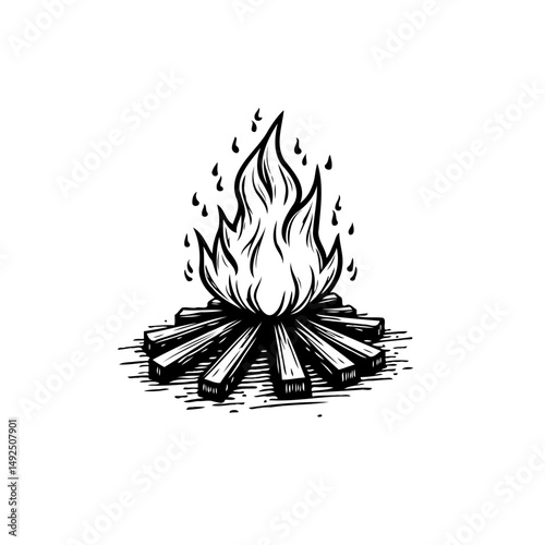 Monochrome campfire illustration depicting burning logs with stylized flames