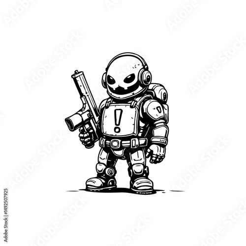 Stylized monochrome cartoon robot with firearm showcasing futuristic concept