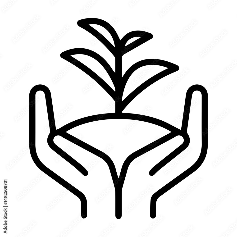 Obraz premium Two hands gently hold a mound of soil with a sprouting plant (line art icon). This symbolizes nurturing growth, new beginnings, and environmental care, representing the act of fostering life