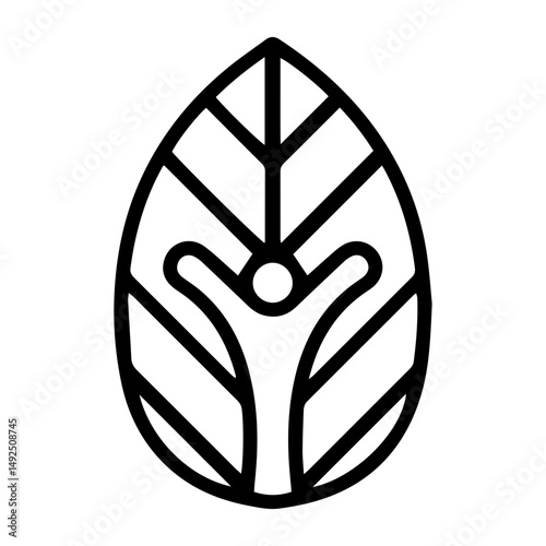 A stylized human figure with outstretched arms is centered within a leaf (outline style). This symbolizes harmony between humanity and nature, growth, and a connection to the environment