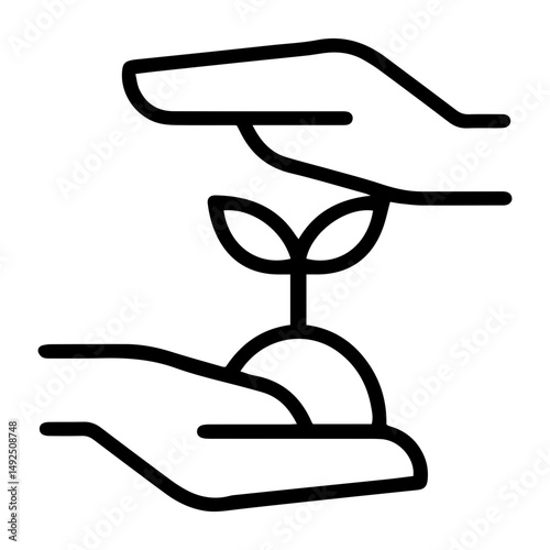 Two hands tenderly cradle a sprouting plant (outline style), symbolizing care and growth. One hand supports from below, the other protects above, representing nurturing new life and gentle support