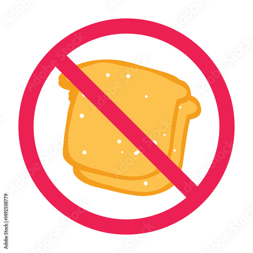 Forbidden sign with bakery products icon, no bread allowed sign, bread prohibition symbol, do not eat bread symbol