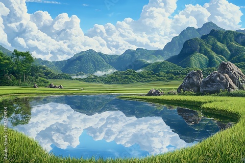 Harmonious Blend of Green Rice Fields and Towering Mountains