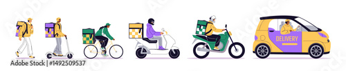 Set of delivery on different transport. Delivers drive on bike, scooter, moped, motorbike, car. Walking couriers carry boxes of orders, food. Flat isolated vector illustrations on white background