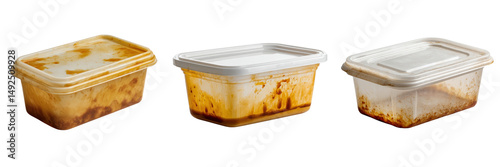 Used Food Containers with Stains and Residues on Transparent Background