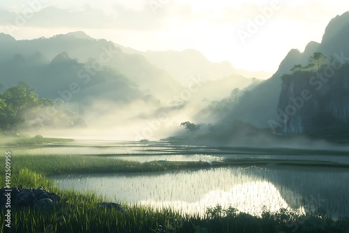 Lush Valley of Rice Paddies Reflecting Sunlight and Mountains