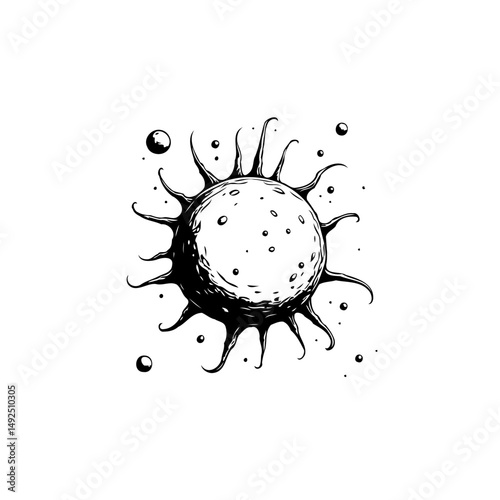 Monochrome stylized cosmic sphere with spiky projections in empty space