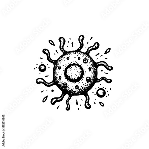 Stylized monochrome depiction showcasing a cellular organism with spiky protrusions