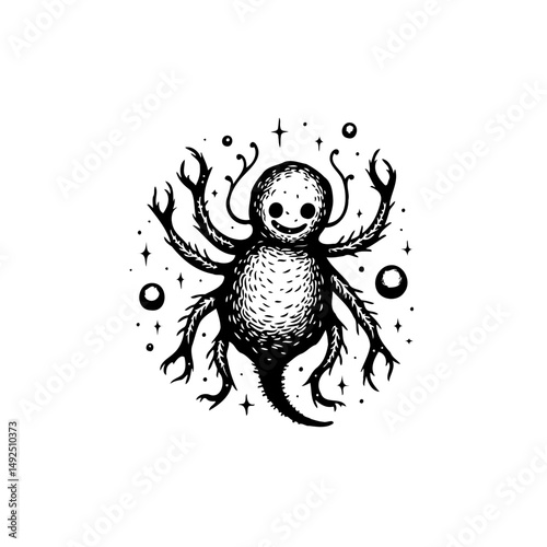 Whimsical ink illustration featuring a curious creature surrounded by floating orbs