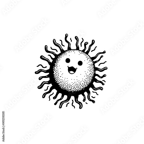 Whimsical hand-drawn sun with cheerful expression radiates playful charm on clean white backdrop
