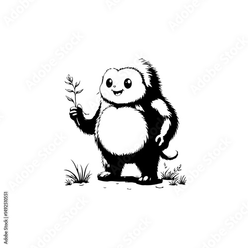 Whimsical forest creature tenderly presenting a small sprig of foliage