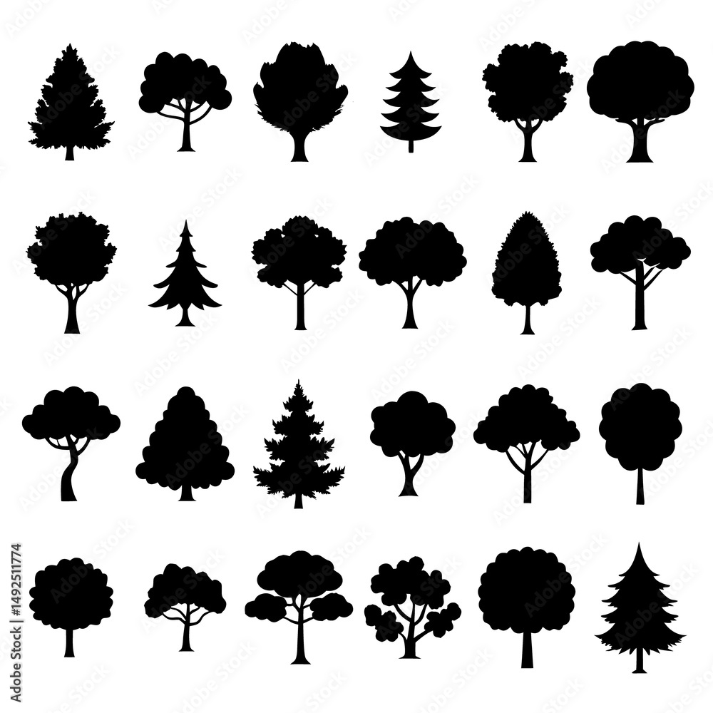 Obraz premium A vector set features black silhouettes of nature's trees, including pine and oak, as a design collection element