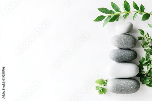 Stacked stones and leaves on a white background