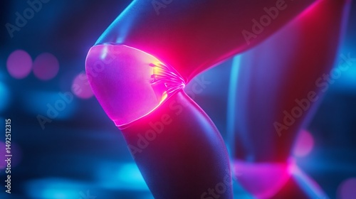 Neon glowing knee joint showing patellar tendon inflammation single leg squat exercise engages surrounding muscles tendon support photo