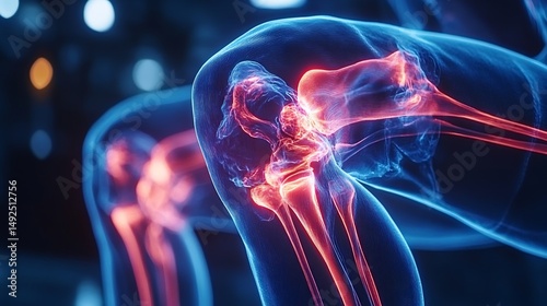 Neon glowing knee joint showing patellar tendon inflammation single leg squat exercise engages surrounding muscles tendon support photo