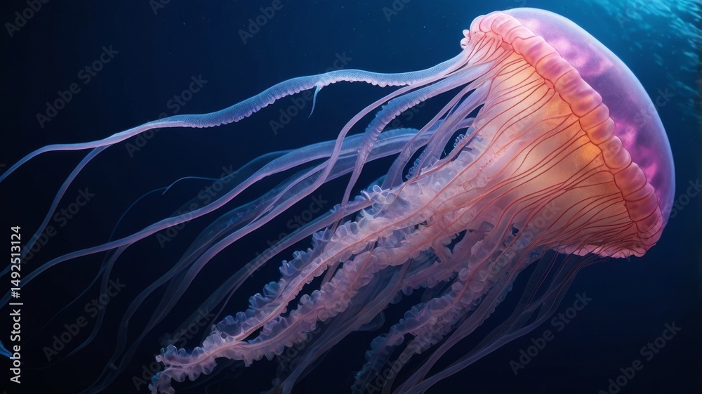 Fototapeta premium Dancing Jellyfish: A mesmerizing jellyfish gracefully drifts through the deep blue sea, its ethereal form illuminated by soft, ambient light, creating a sense of wonder and the mysteries of the ocean.
