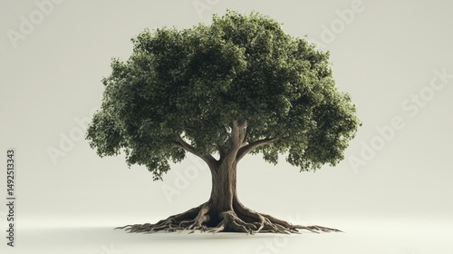 Show a strong oak tree with deep, intertwining roots growing outward, isolated with no surrounding environment