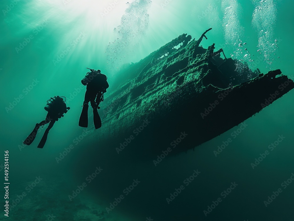 Scuba divers exploring a sunken ship underwater