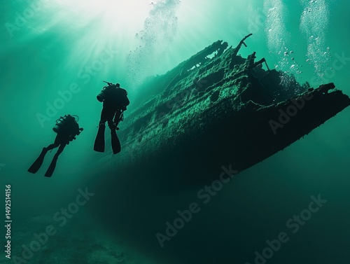 Obraz na płótnie Scuba divers exploring a sunken ship underwater w salonie