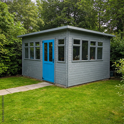 Modern grey garden shed with bright blue door stands on green lawn, surrounded by trees and greenery. Shed has flat roof and windows. Path of square stones leads to the entrance. Ideal for adu use
