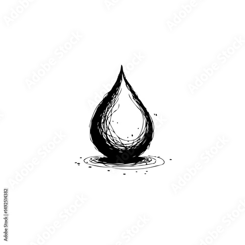 Stylized ink drawing of a solitary water droplet with textured details