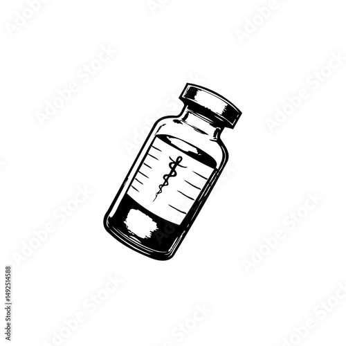 Monochrome medical vial depiction illustrating pharmaceutical product drawing