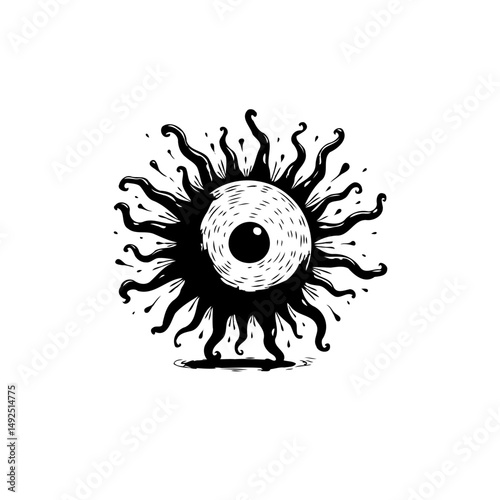 Abstract stylized sun with an eye, radiating dark energy in monochromatic art