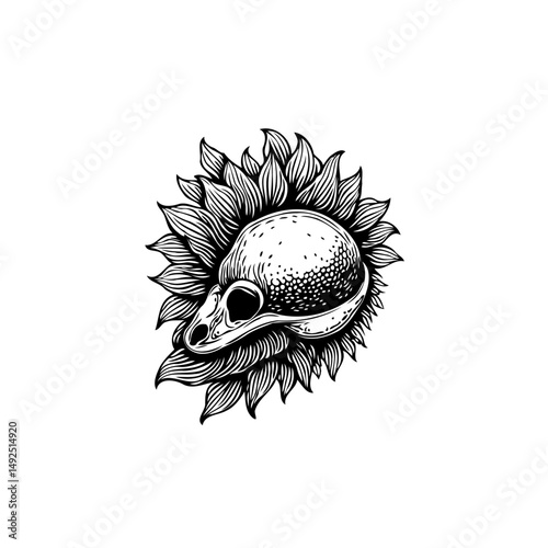 Monochrome illustration of a bird skull emerging from a sunflower blossom