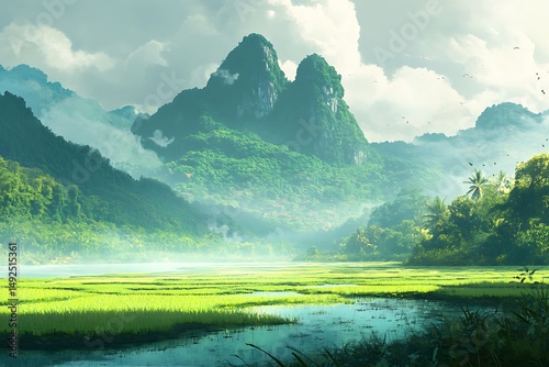 Serene Rural Landscape with Vibrant Green Rice Fields
