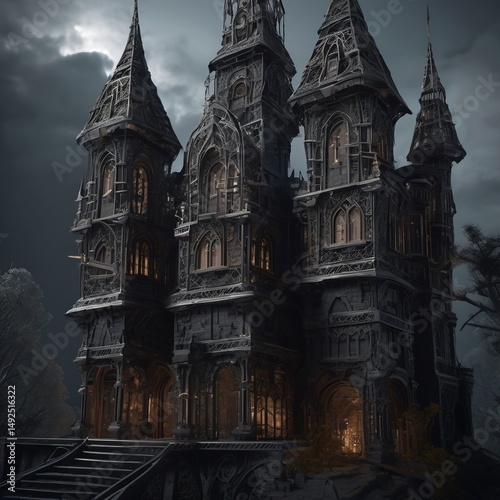 Wireframe Twisted Fairytale Castle in Dolby Vision: A Dark and Mysterious Architectural Marvel