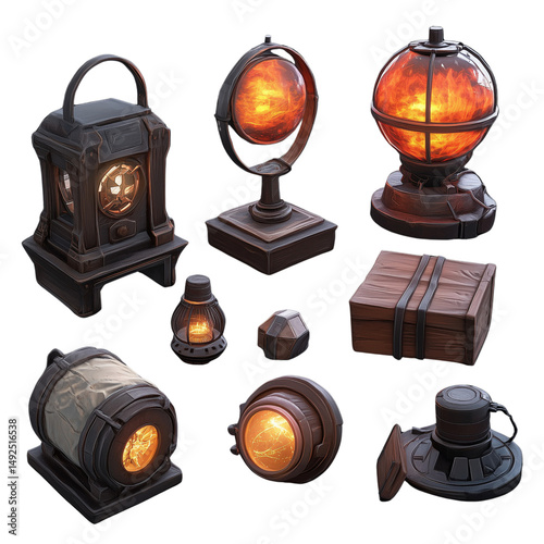set of old fashioned objects on transparent png background
