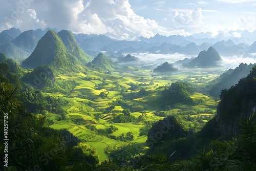 Stunning View of Terraced Rice Fields Bordered by Mountains