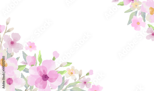 Watercolor floral frame. Corner. Floral pattern with pink flowers, branches, leaves. Vector illustration for wedding invitation, greeting card, background, wallpaper, decoration