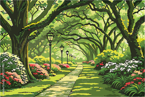 164 A lush, verdant garden path winding through towering trees and vibrant flowers, perfectly manicured lawn, ornate garden lanterns lining the walkway, intricate foliage and colorful blooms, serene a