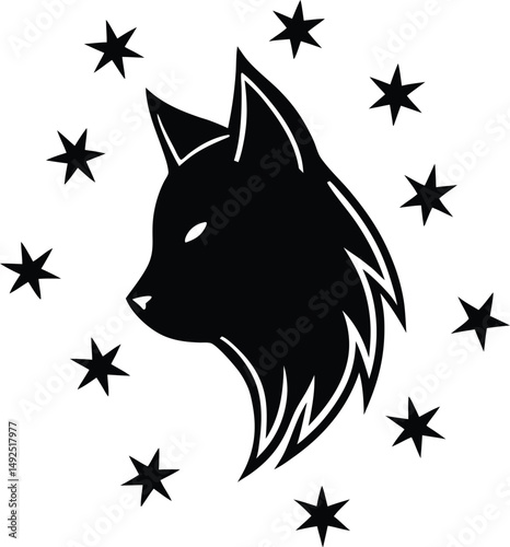 Silhouette of a mystical wolf head surrounded by starry celestial elements on a white background