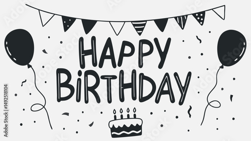 Vector design with the inscription "Happy Birthday" creates a festive atmosphere. The illustration includes balloons, a birthday cake with candles and decorative elements.