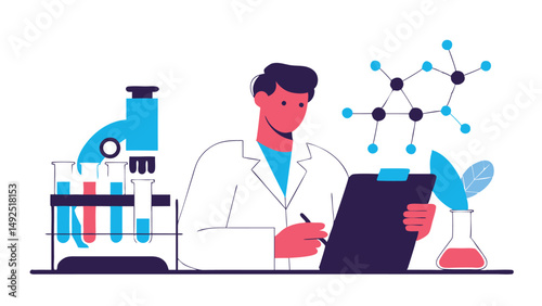 A young medical scientist in a white coat works in a modern laboratory, carefully taking notes on a tablet. He analyzes medical tests, evaluating the data obtained.