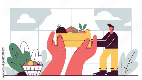 A farmer holds a wooden box filled with fresh vegetables picked in a greenhouse. The harvest is neatly stacked, demonstrating the naturalness and care for the quality of the products.