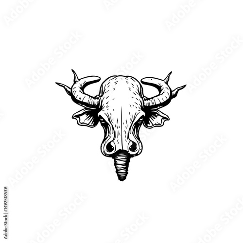 Stylized bovine skull artwork, presenting an aesthetic monochrome horned animal