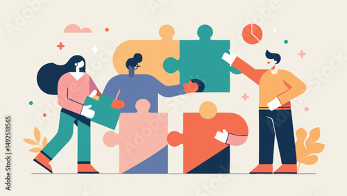 Abstract figures of people connect puzzles, symbolizing cooperation and unity. The color palette is made in soft pastel and neutral tones, creating a warm and friendly atmosphere.