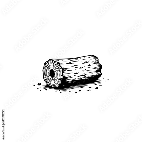 Monochrome illustration of a textured wood log with concentric rings detail