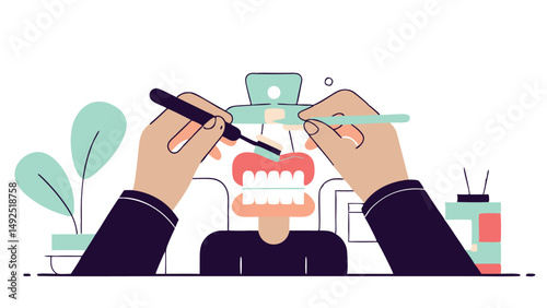 The photograph shows a close-up of the dentist's hands carefully holding medical instruments over the patient's mouth.