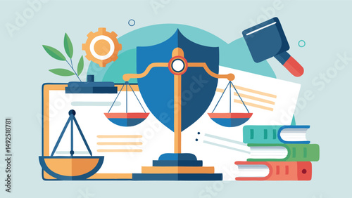 Symbols of legal defense: judge's gavel, scales of justice and a shield symbolizing insurance. The background is filled with legal documents emphasizing the formality and importance of legislation.