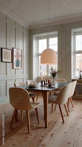 A serene Scandinavian dining room features minimalist decor, elegant lighting, and a rustic wooden table surrounded by beige chairs.