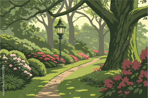 164 A lush, verdant garden path winding through towering trees and vibrant flowers, perfectly manicured lawn, ornate garden lanterns lining the walkway, intricate foliage and colorful blooms, serene a