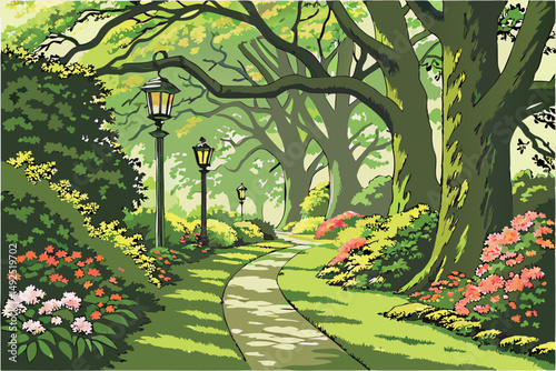 164 A lush, verdant garden path winding through towering trees and vibrant flowers, perfectly manicured lawn, ornate garden lanterns lining the walkway, intricate foliage and colorful blooms, serene a